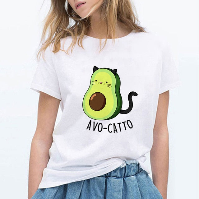Luckyroll Avocado Cat Pattern T Shirt Women