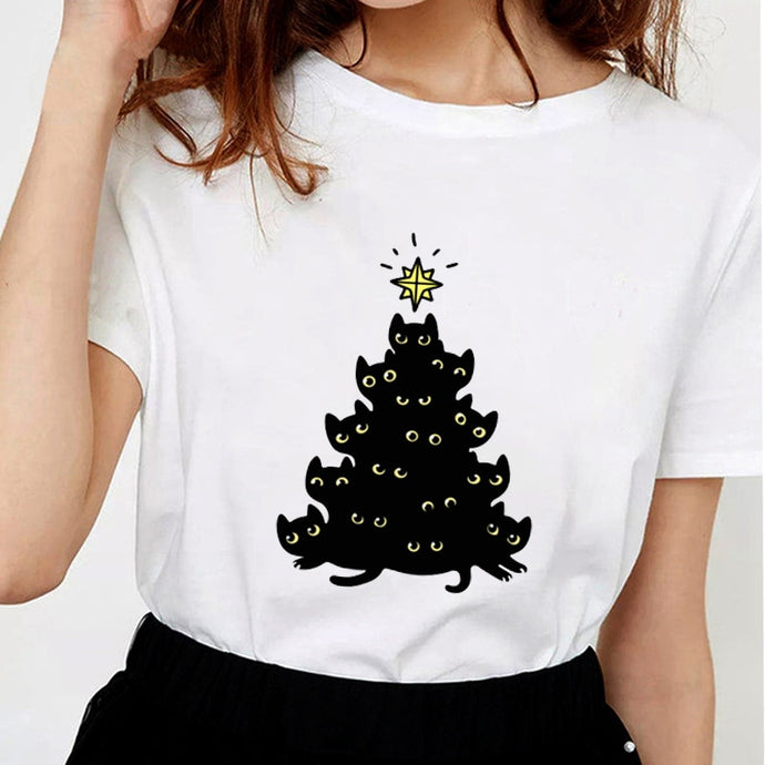 Women Black Cat T-Shirt Soft Cotton Casual White Tops Tees