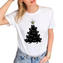 Load image into Gallery viewer, Women Black Cat T-Shirt Soft Cotton Casual White Tops Tees