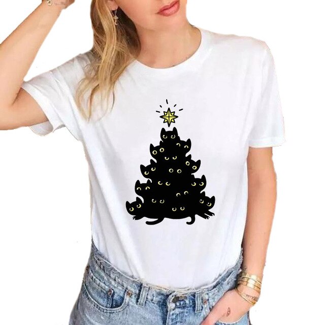 Women Black Cat T-Shirt Soft Cotton Casual White Tops Tees
